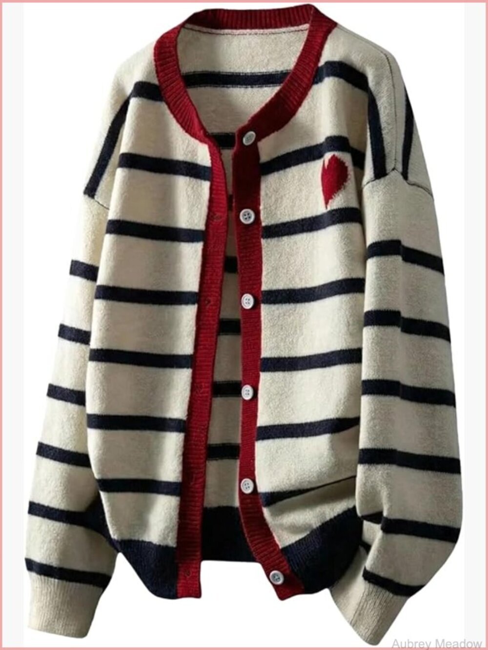 Heart Striped Button Up Cardigan Sweater Long Sleeve Knit